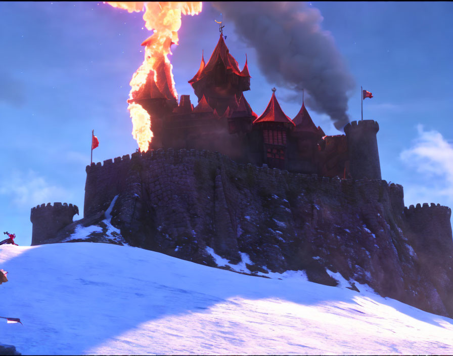 Castle under siege with red flags, fire, and smoke in snowy landscape