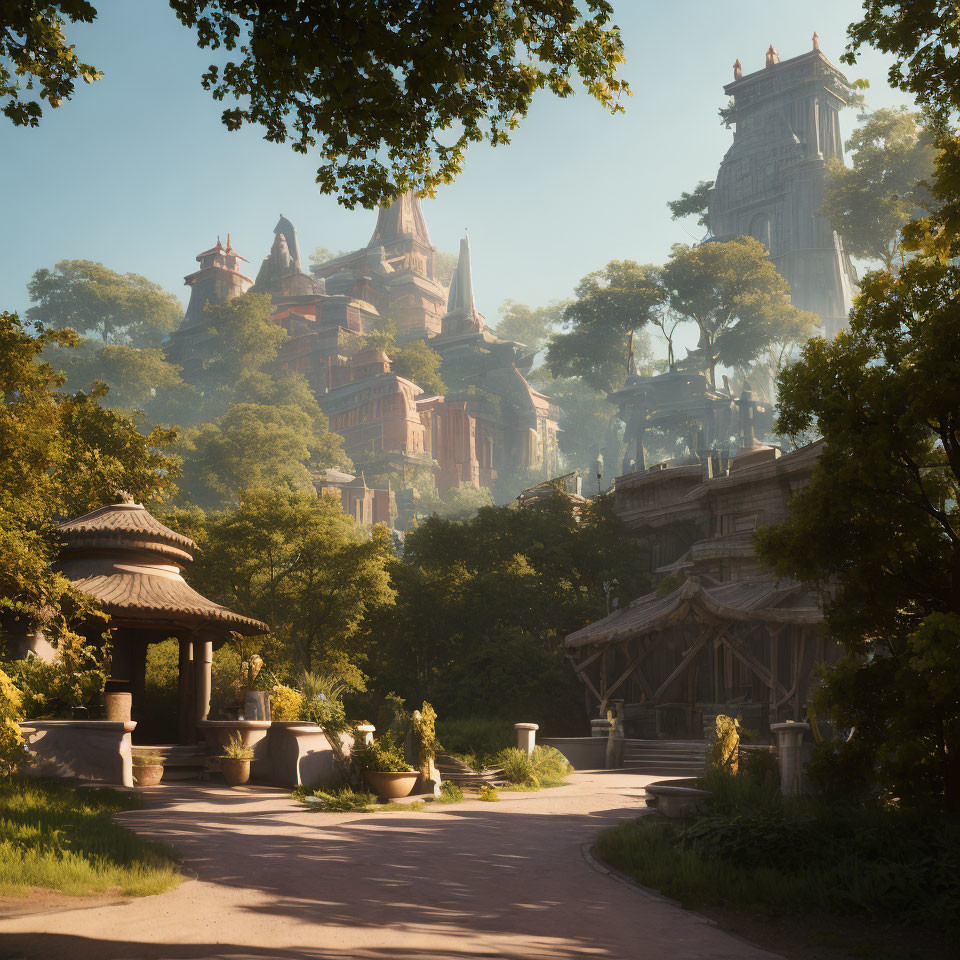 Serene cobblestone pathway through lush gardens to ornate castle