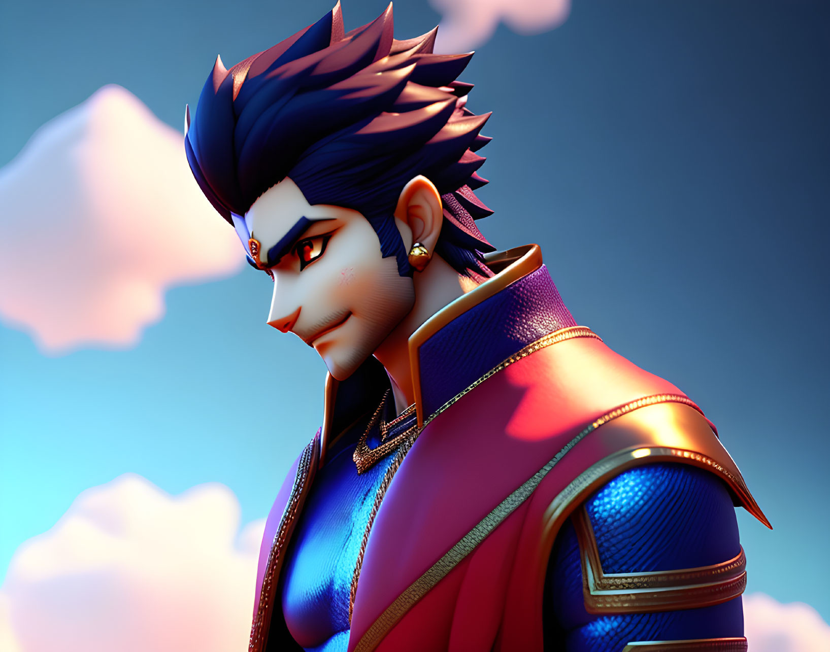 Stylized Male Character with Blue Hair and Armor on Blue Gradient Background