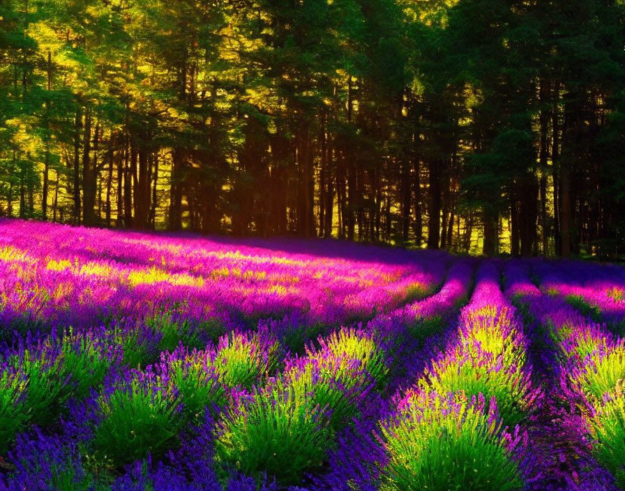 Vibrant lavender field under golden forest sunlight