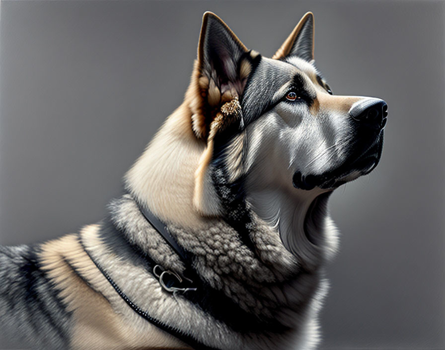 Majestic husky with blue eyes in profile wearing a black collar