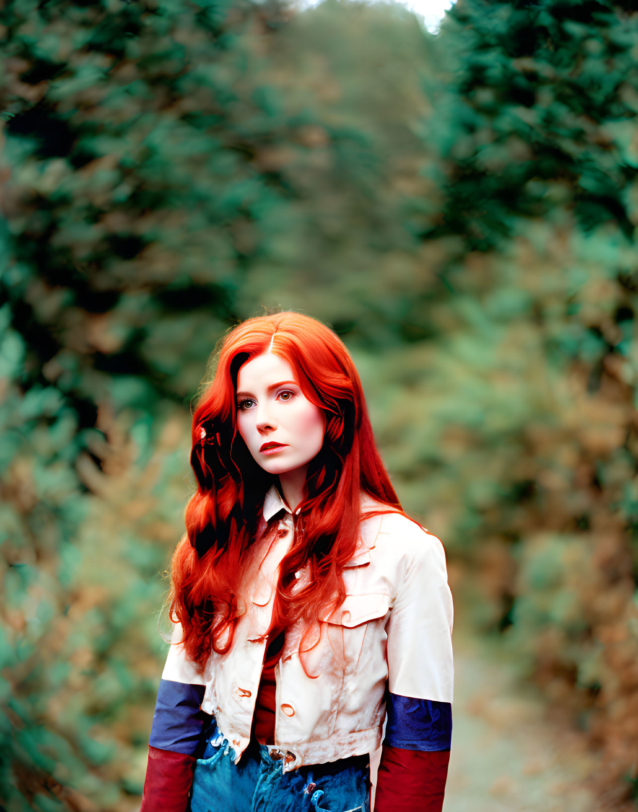 Fiery red-haired woman in white top with red and blue sleeves among greenery