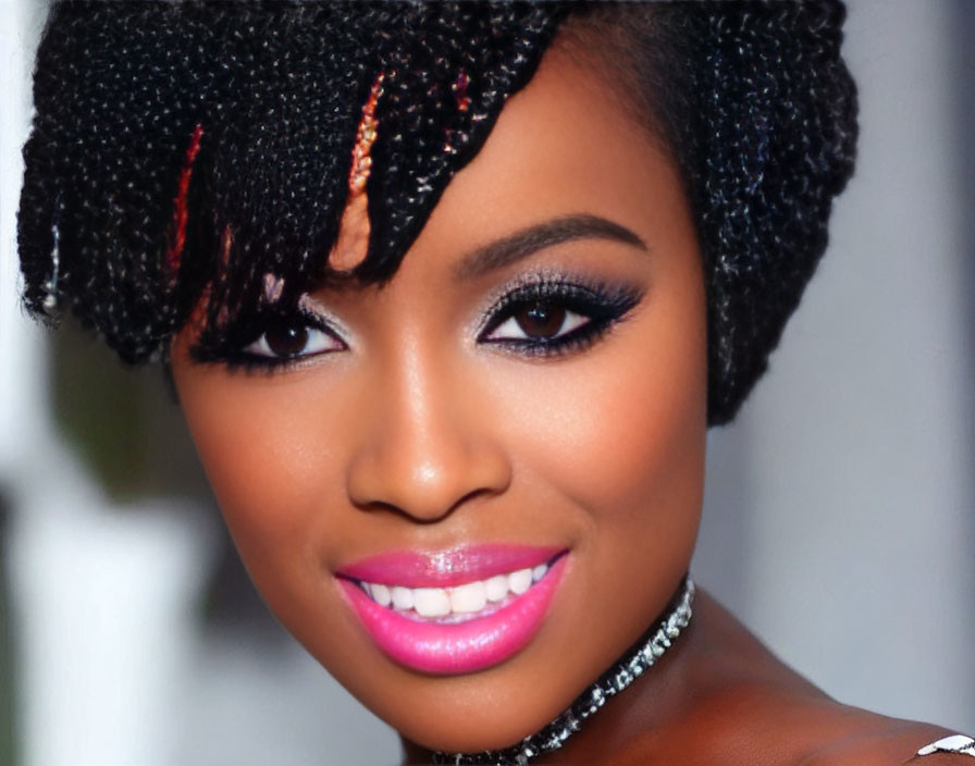 Woman with Sparkling Earrings and Glossy Pink Lips Smiling at Camera