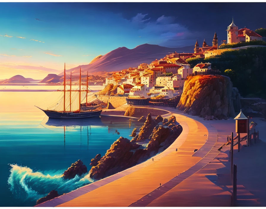 Scenic coastal village at sunset with sailing ship, winding road, crashing waves, warm light.