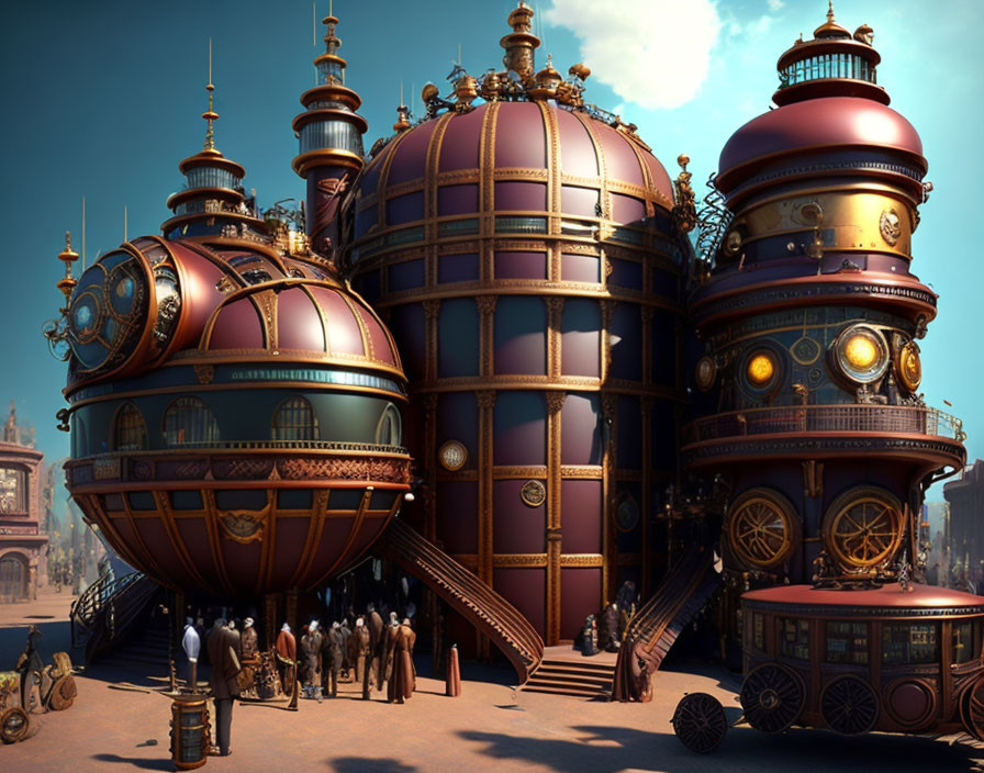 Steampunk cityscape with bronze buildings and spherical structures