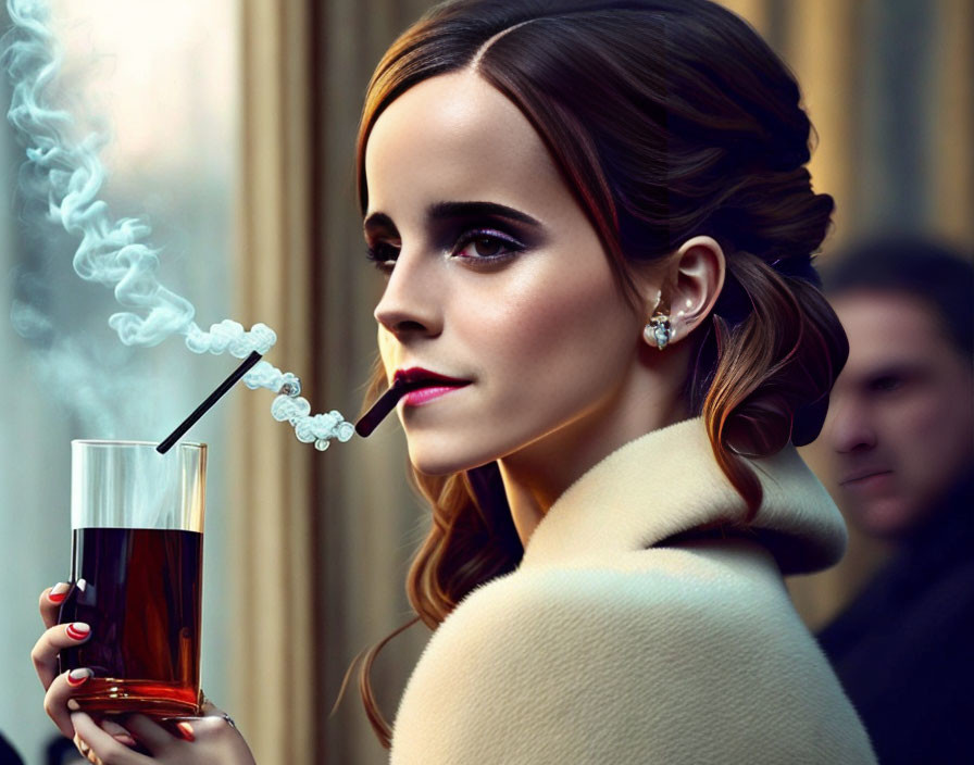 Elegant woman in coat smoking and holding drink with straw