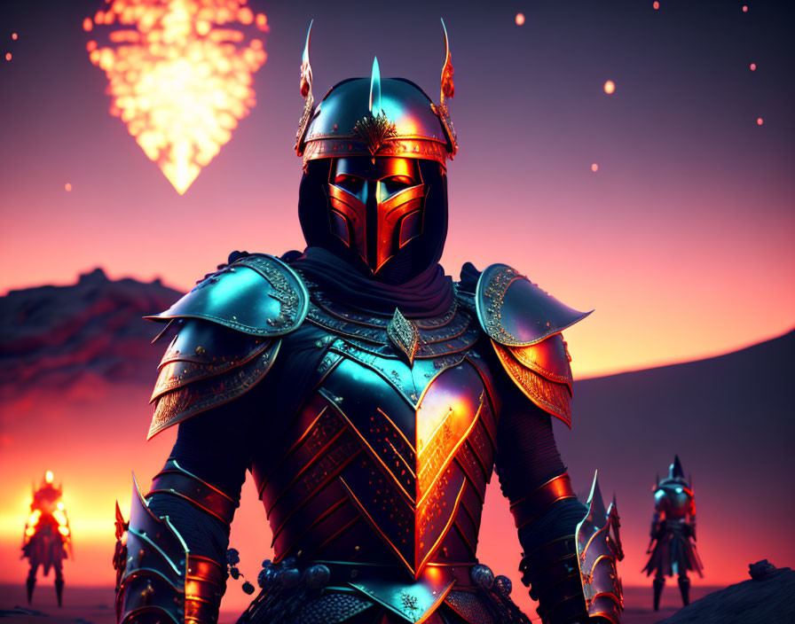 Knight in Ornate Armor Stands Under Twilight Sky with Heart-Shaped Aurora