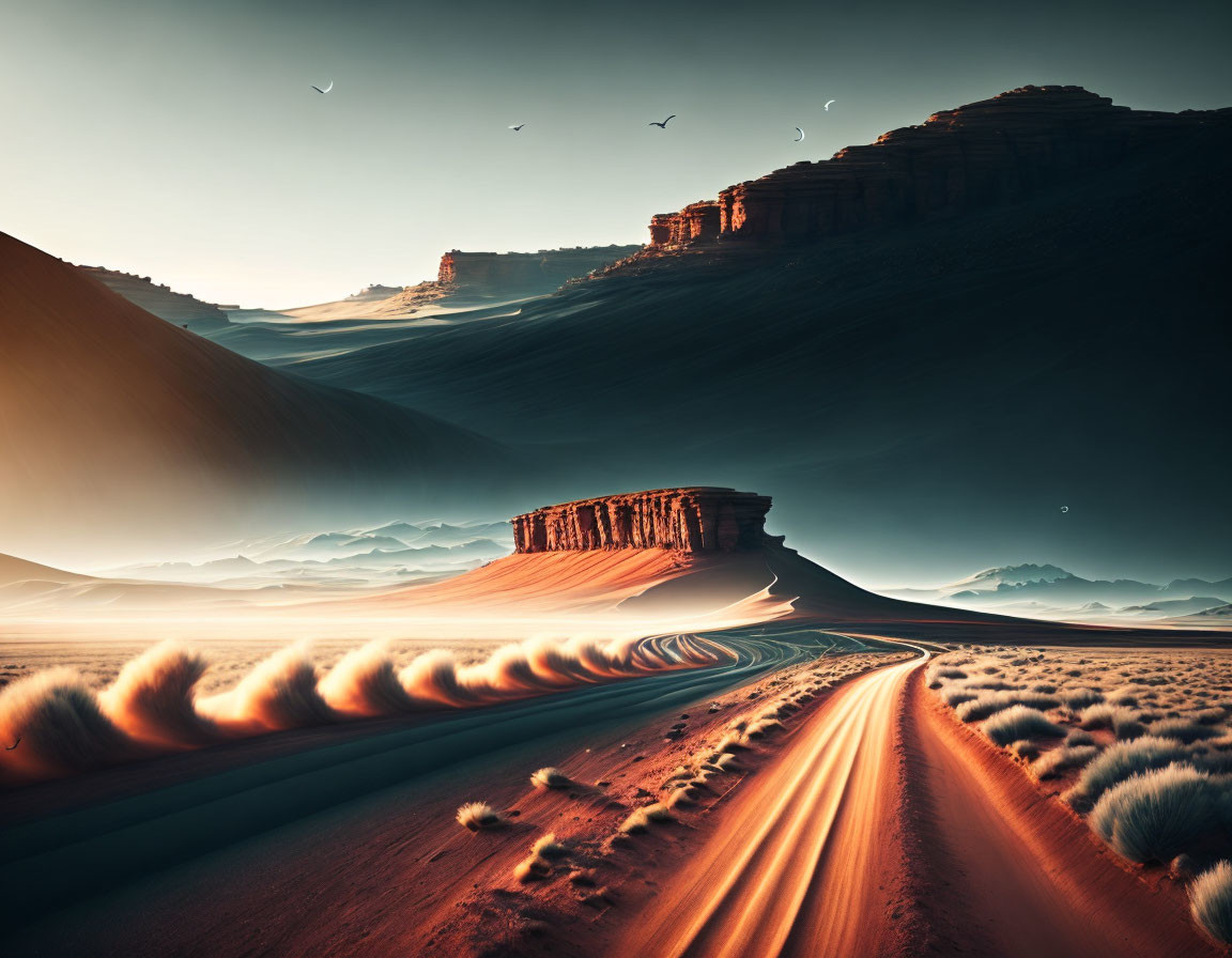 Tranquil desert scene with sand dunes, trail, mesa, birds, and crescent moon