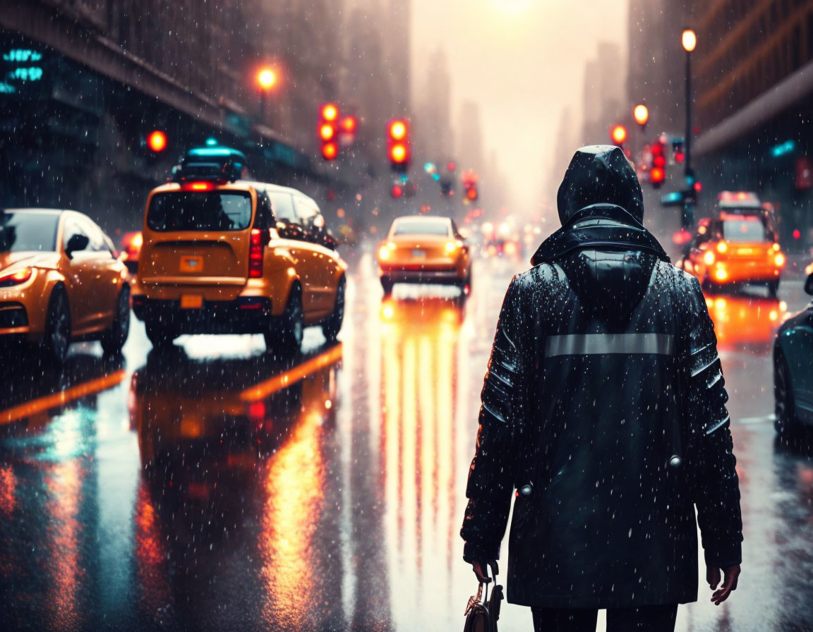 Pedestrian in black jacket walks on rainy city street with cars and traffic lights.