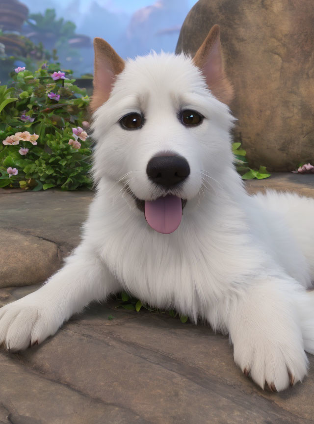 White-Furred Dog Digital Illustration on Stone Surface