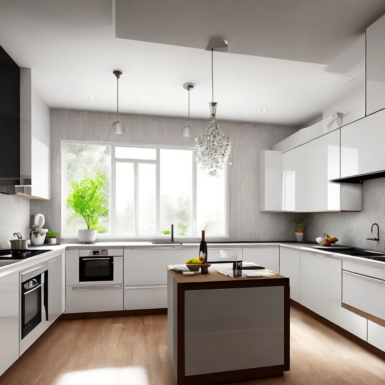 Contemporary kitchen with white cabinets, stainless steel appliances, central island, chandelier, and scenic green