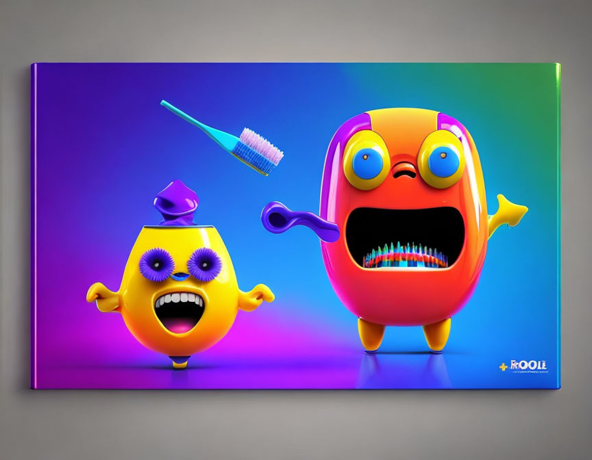 Colorful canvas with animated egg and orange figure artwork