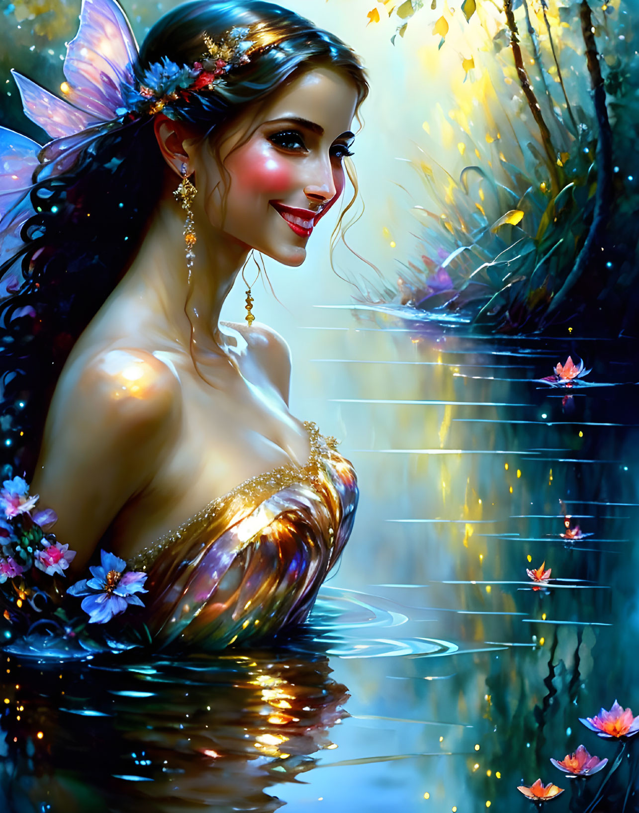 Delicate fairy with wings in water among flowers and forest