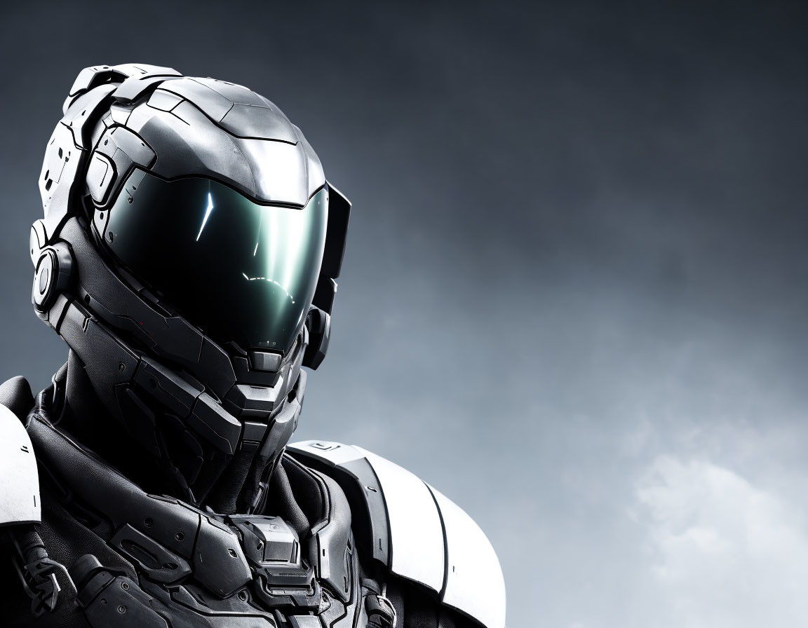 Futuristic robot with reflective helmet and armored suit on grey background