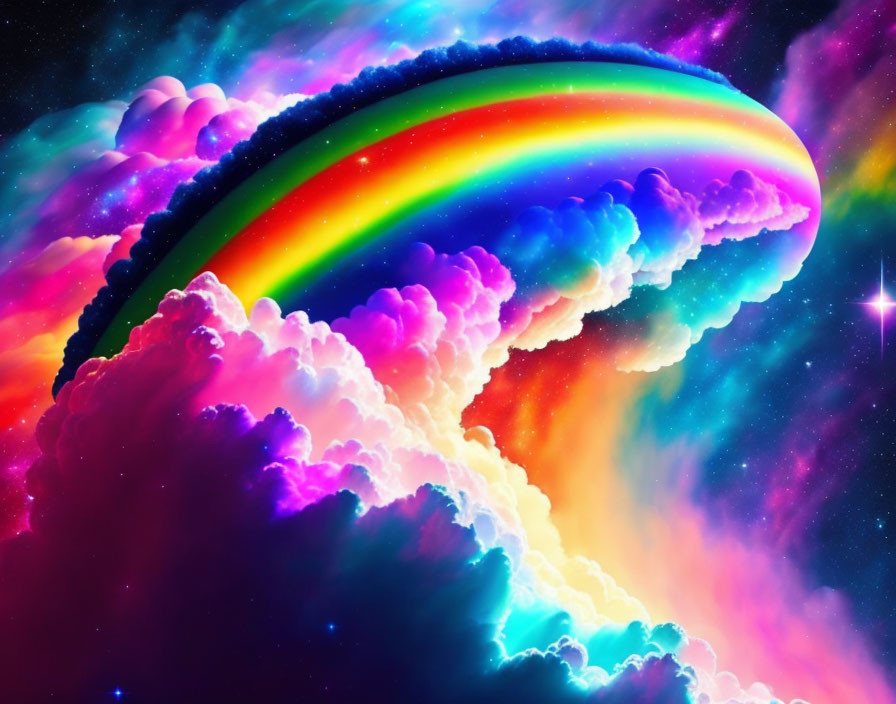 Colorful Space Scene with Rainbow, Nebulae, Clouds, Lightning