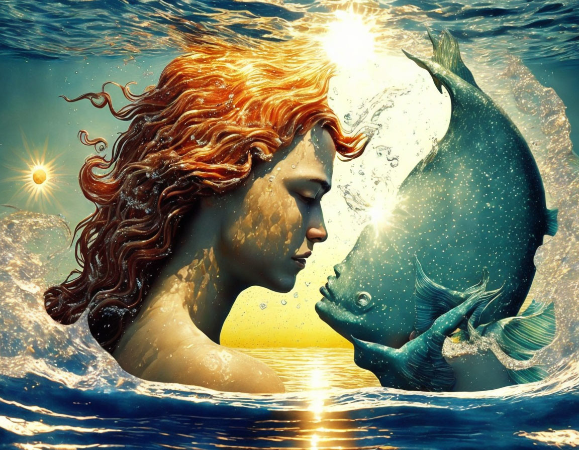 Fiery red-haired woman meets shimmering fish in sunlit underwater scene