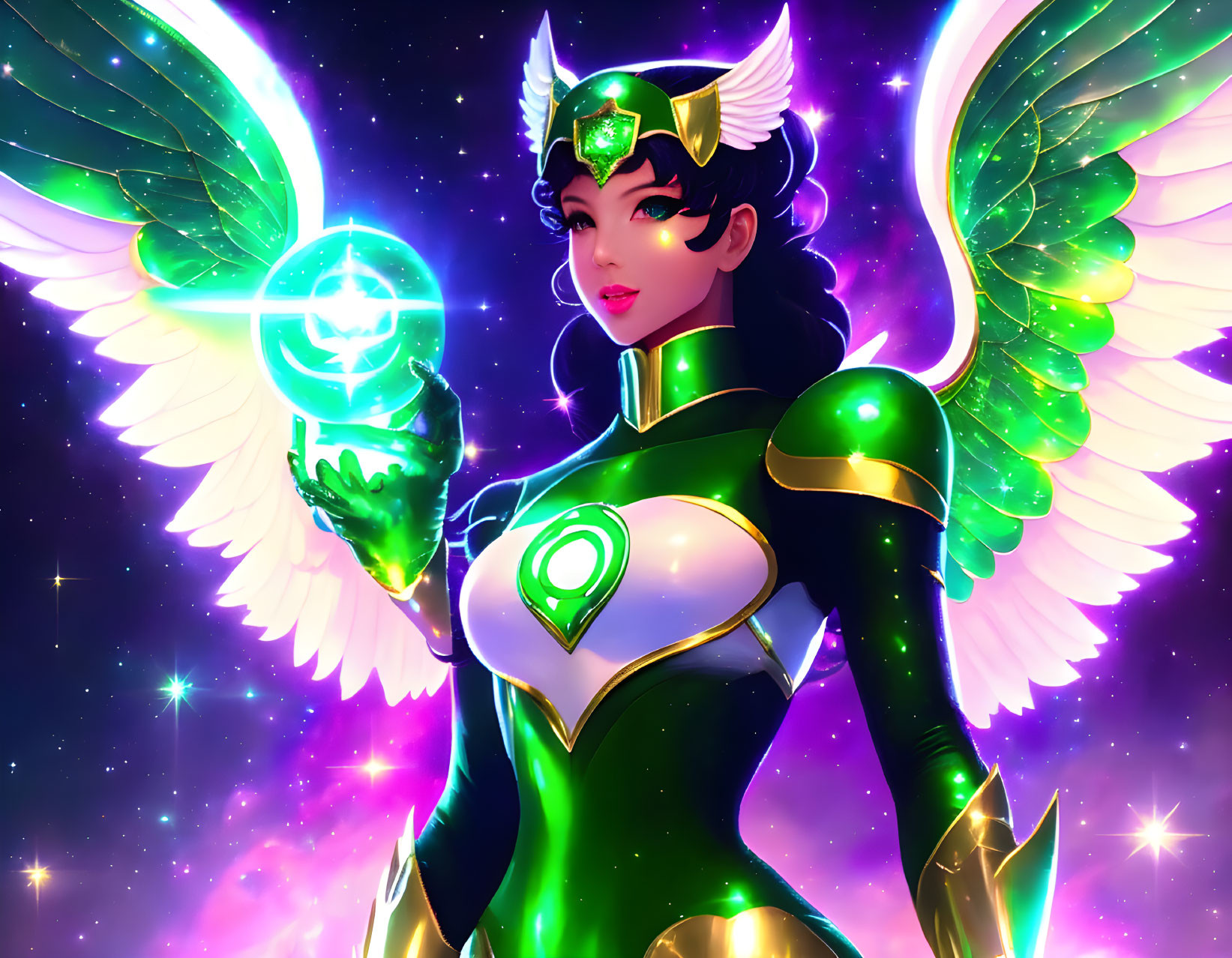 Female superhero in green and black armor with wings and glowing emblem, holding energy sphere in space.