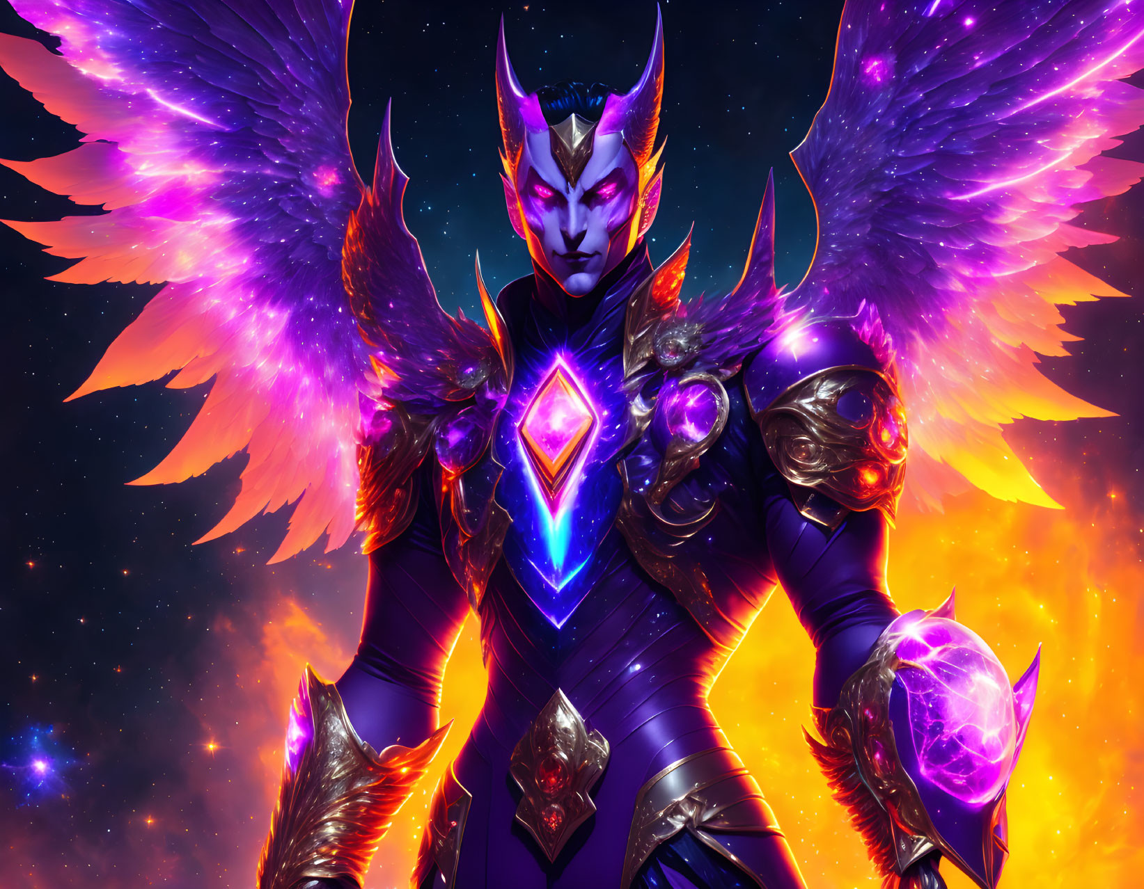 Purple-skinned fantasy character in gleaming armor with fiery wings on cosmic backdrop