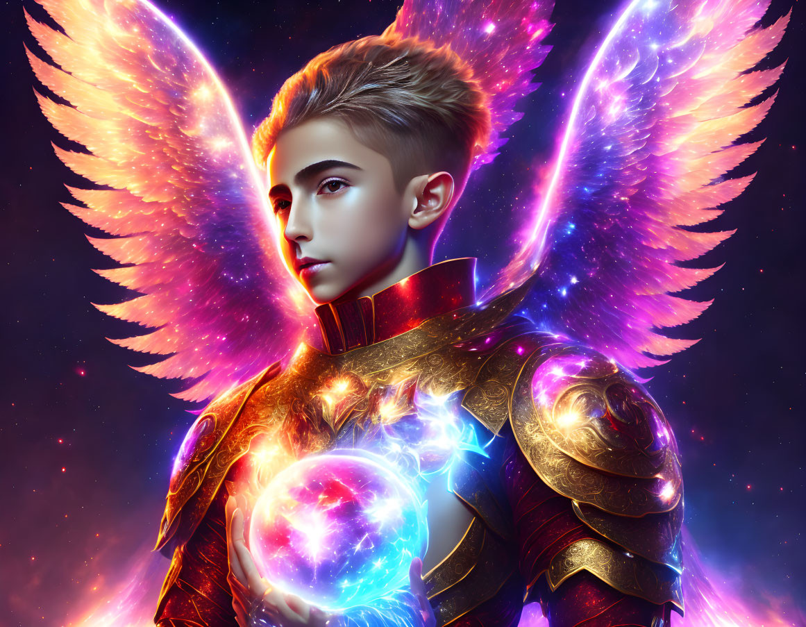 Young person in golden armor with radiant wings holding luminous orb on cosmic backdrop