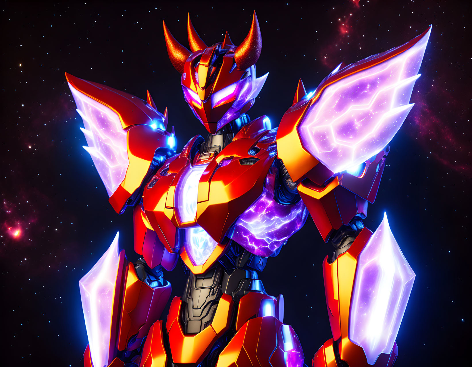 Colorful Armored Robot in Red and Blue on Starry Space Background