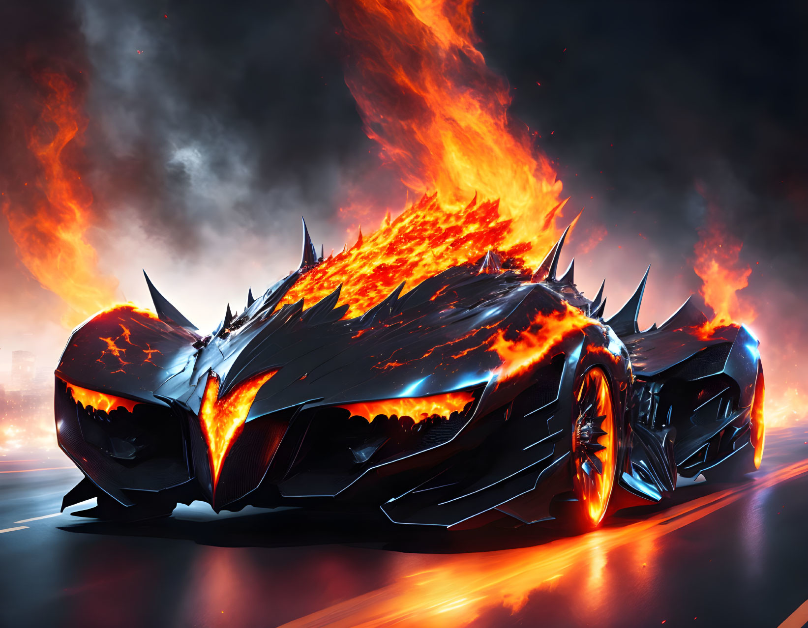 Futuristic black car engulfed in flames on blazing road