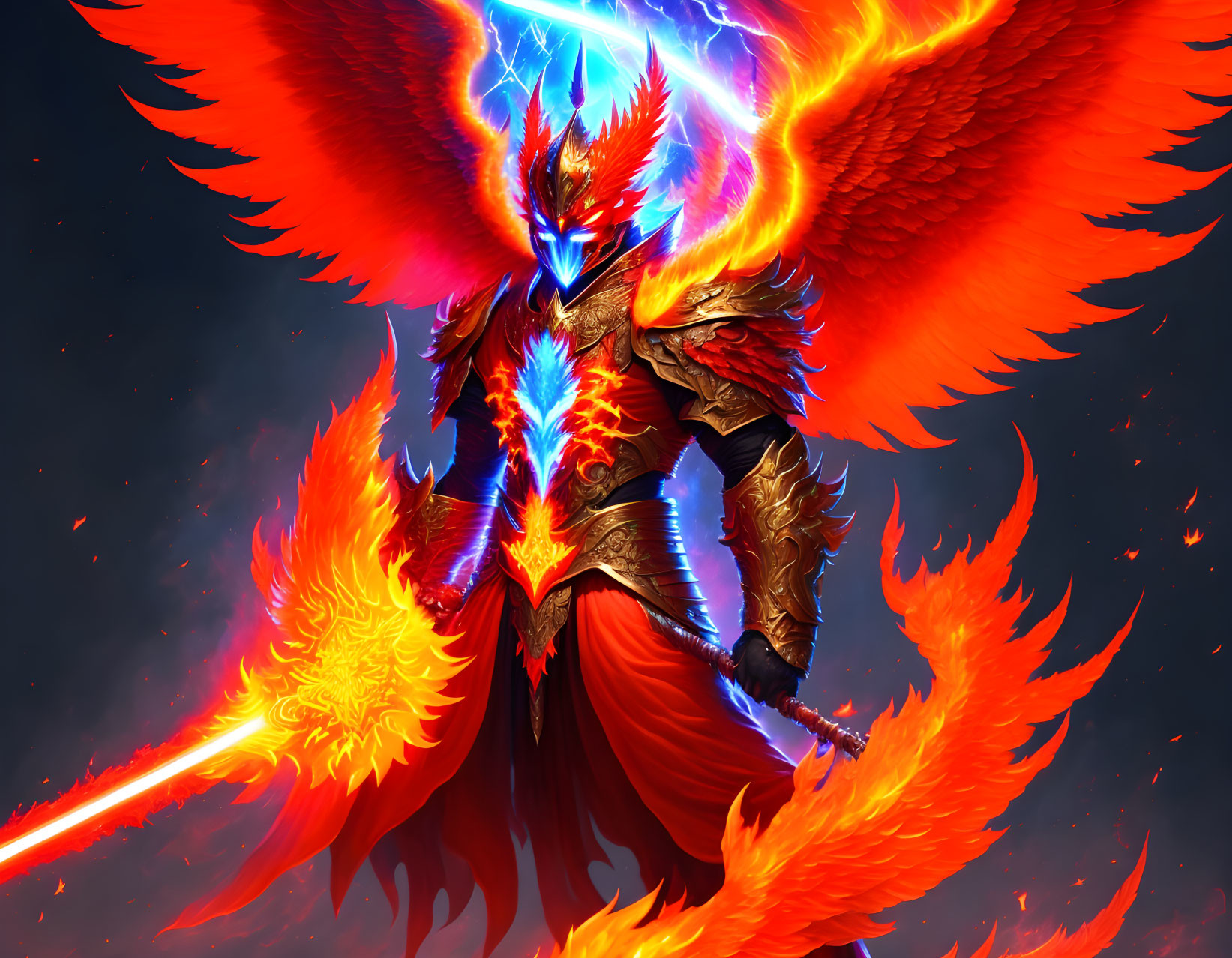 Phoenix-Themed Warrior Illustration with Fiery Wings and Armor