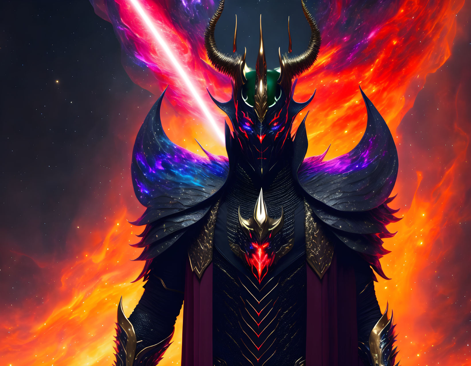 Fantasy illustration: Demonic warrior in cosmic fiery backdrop