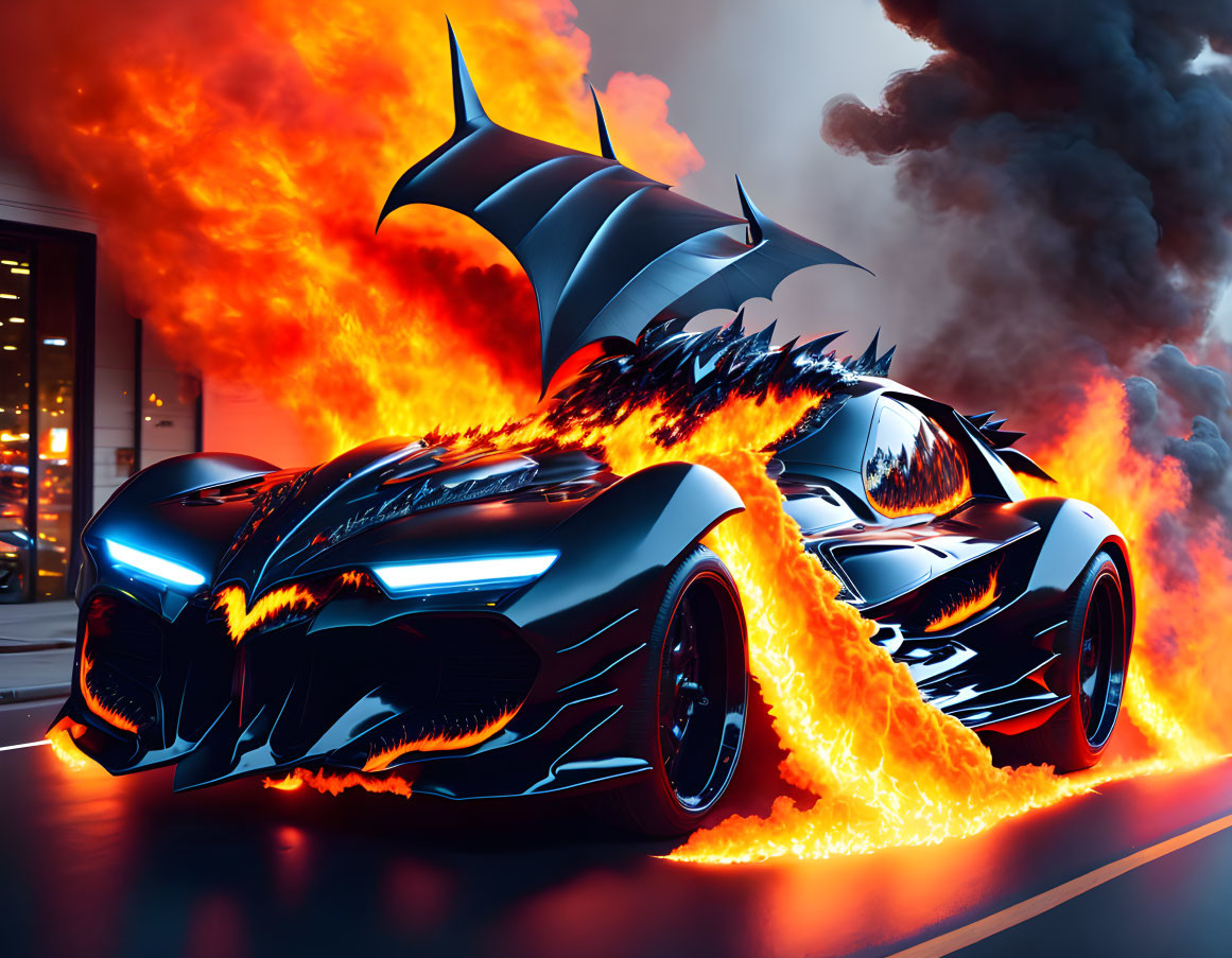 Stylized Batmobile in Fiery High-Speed Chase