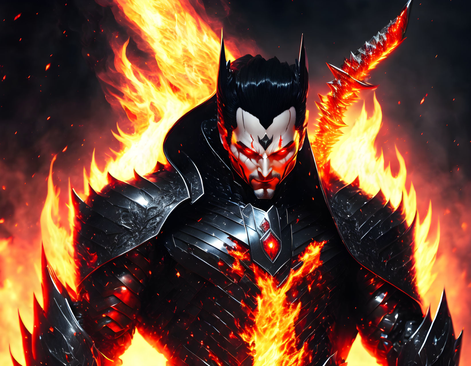 Armor-clad character with flaming wings and demonic visage in fiery backdrop