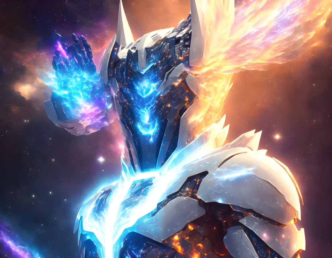 Armored warrior with glowing blue core and white wings in fiery cosmic scene