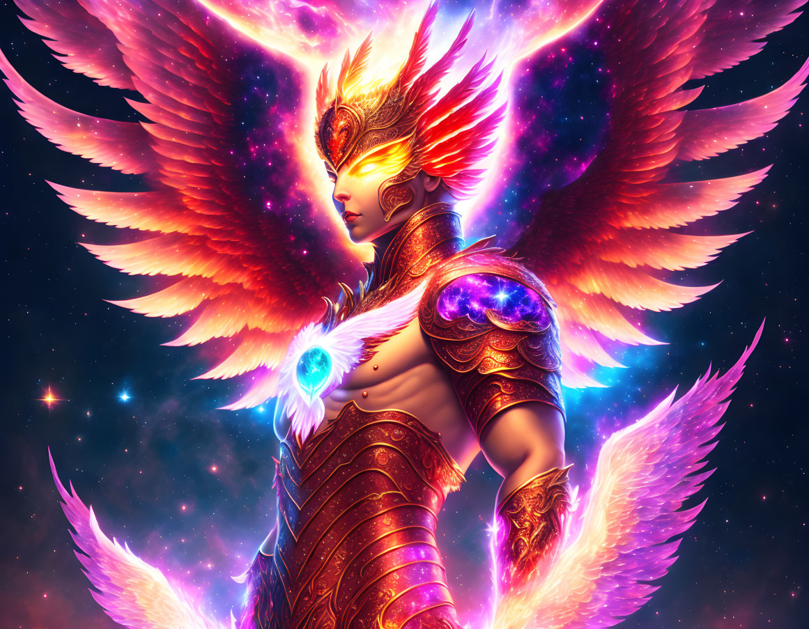 Mythical warrior with luminous wings and ornate armor in cosmic setting