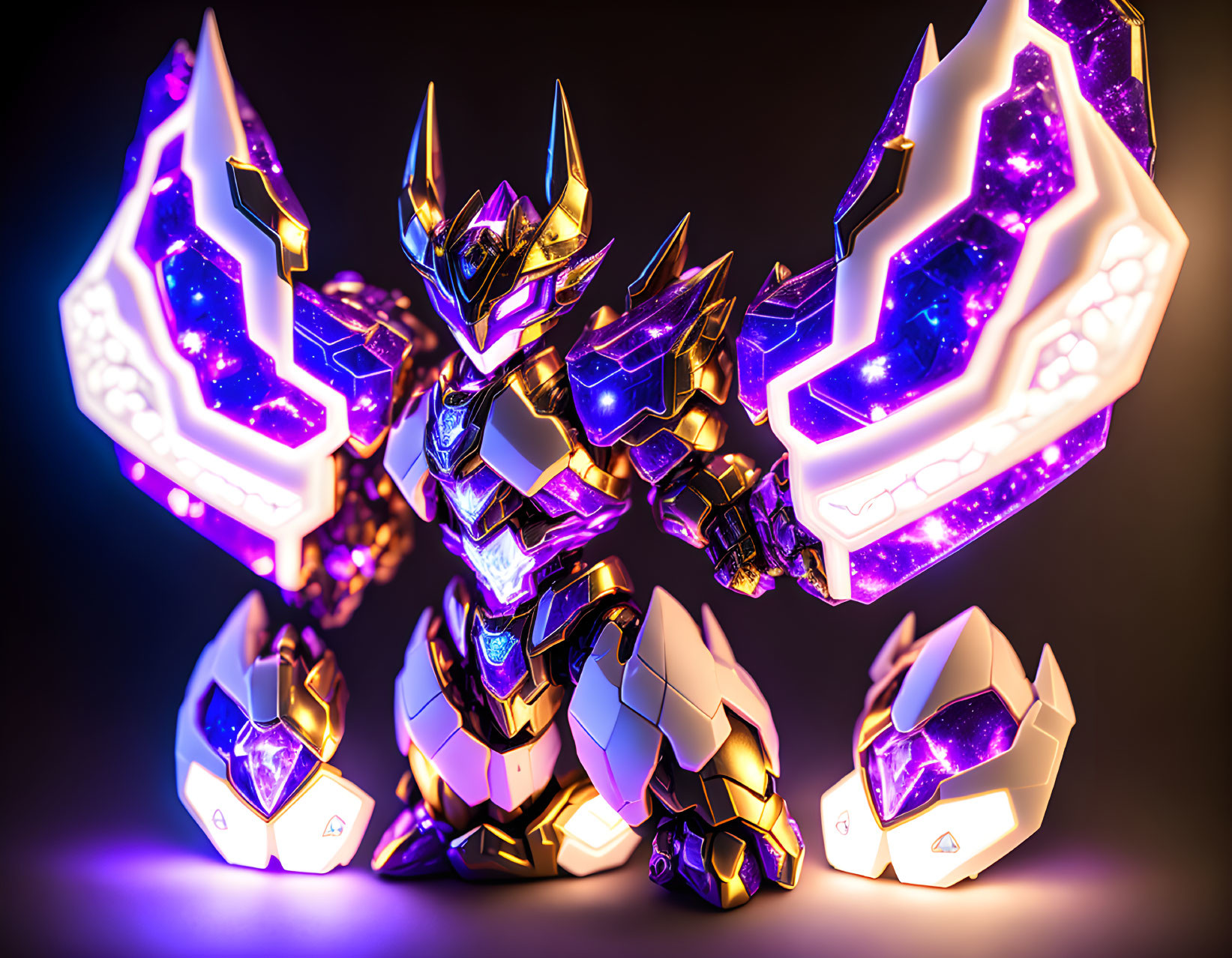 Futuristic robot with purple energy cores and golden armor on dark background