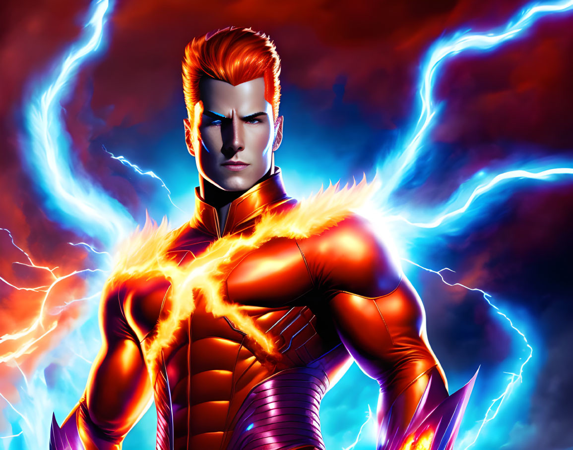 Superhero with Red Hair in Orange Suit Surrounded by Blue and Orange Lightning