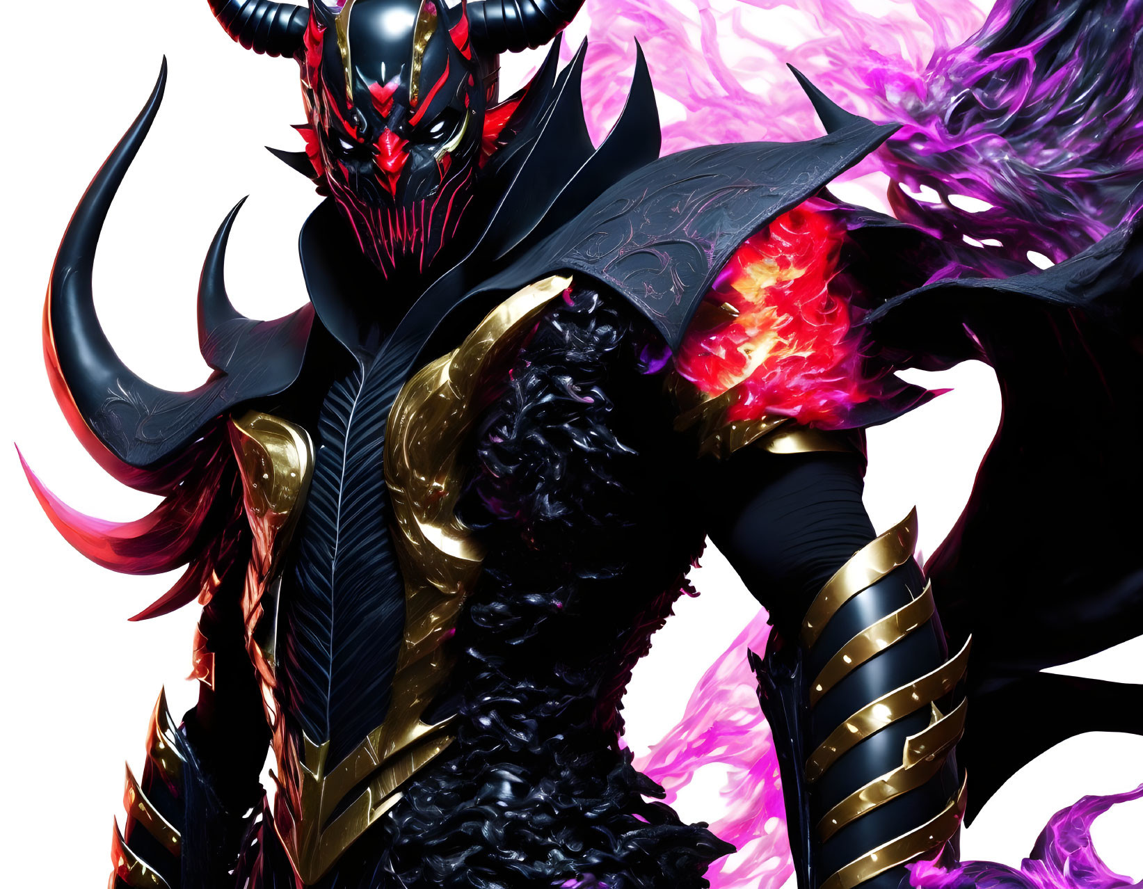 Fantasy warrior in black armor with dragon-like helmet on violet backdrop