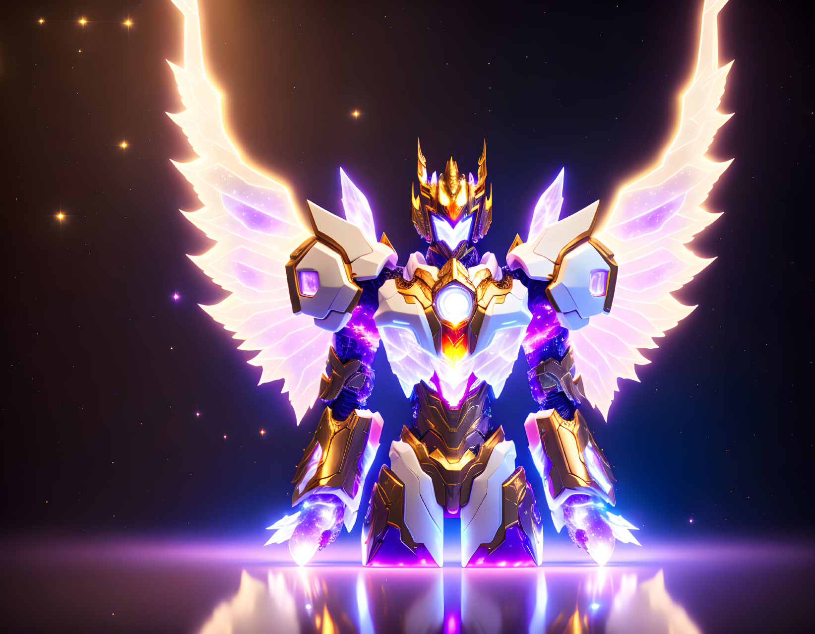 Radiant mech with glowing wings and armor in cosmic backdrop