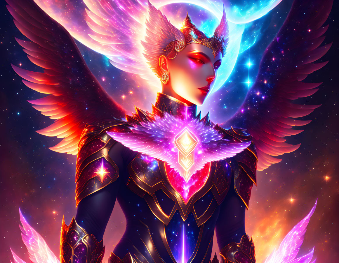 Celestial warrior with luminous wings in cosmic armor against swirling nebulas