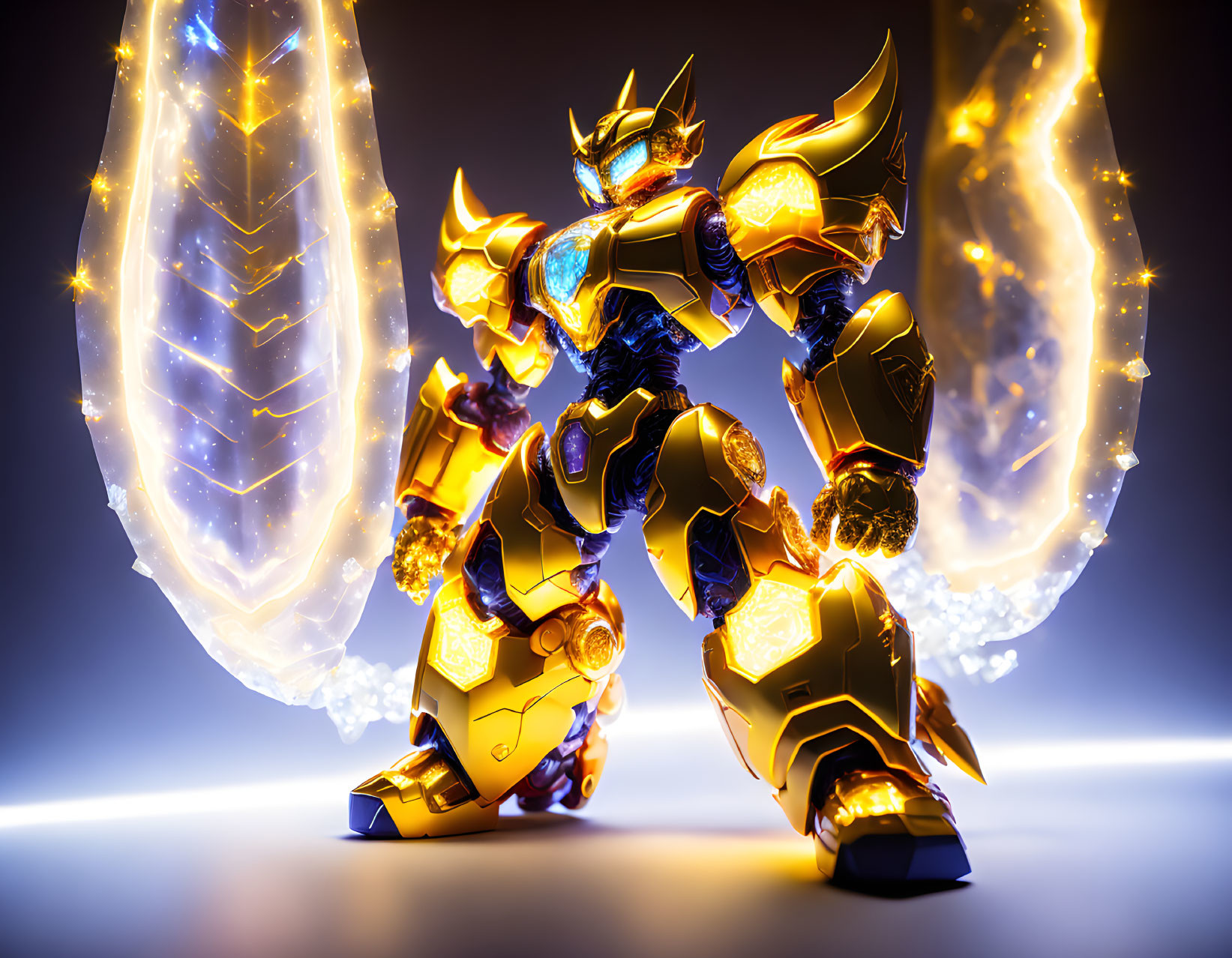 Futuristic golden and blue armored robot in glowing energy field