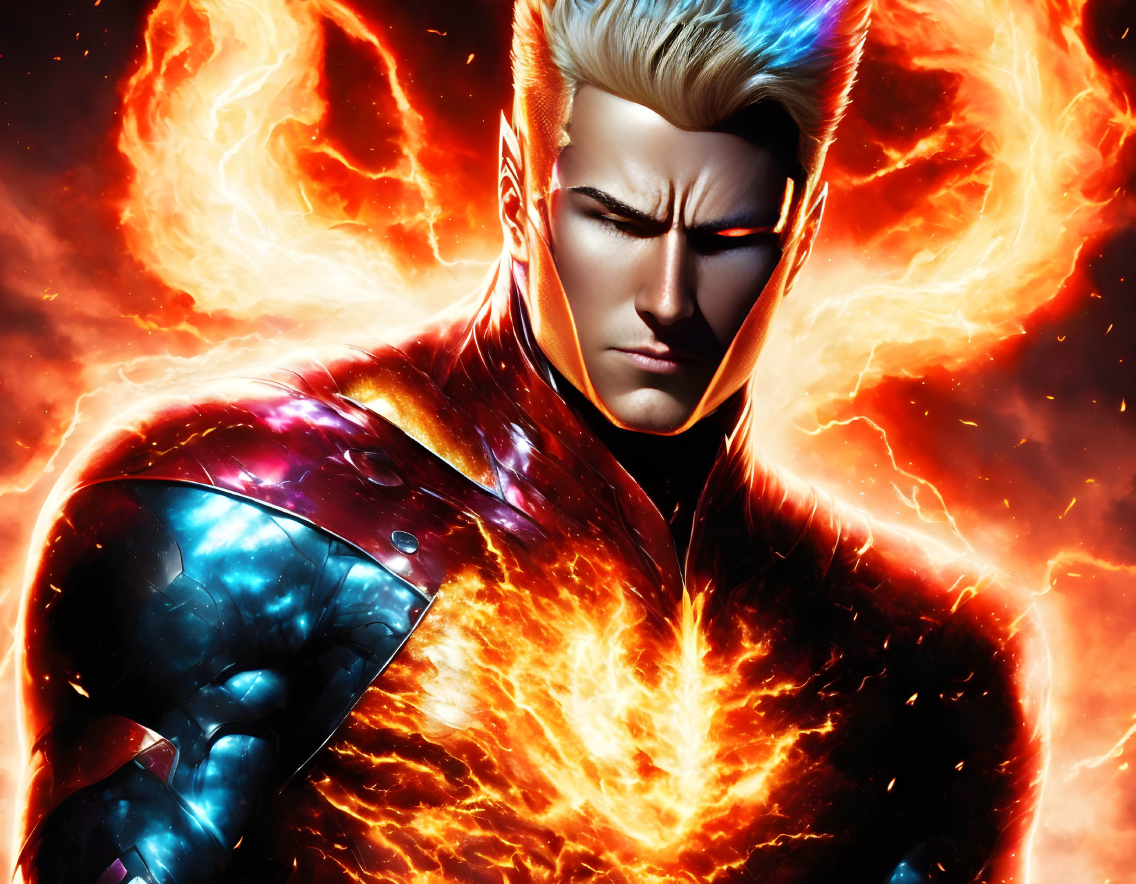 Fiery superhero illustration with futuristic armor