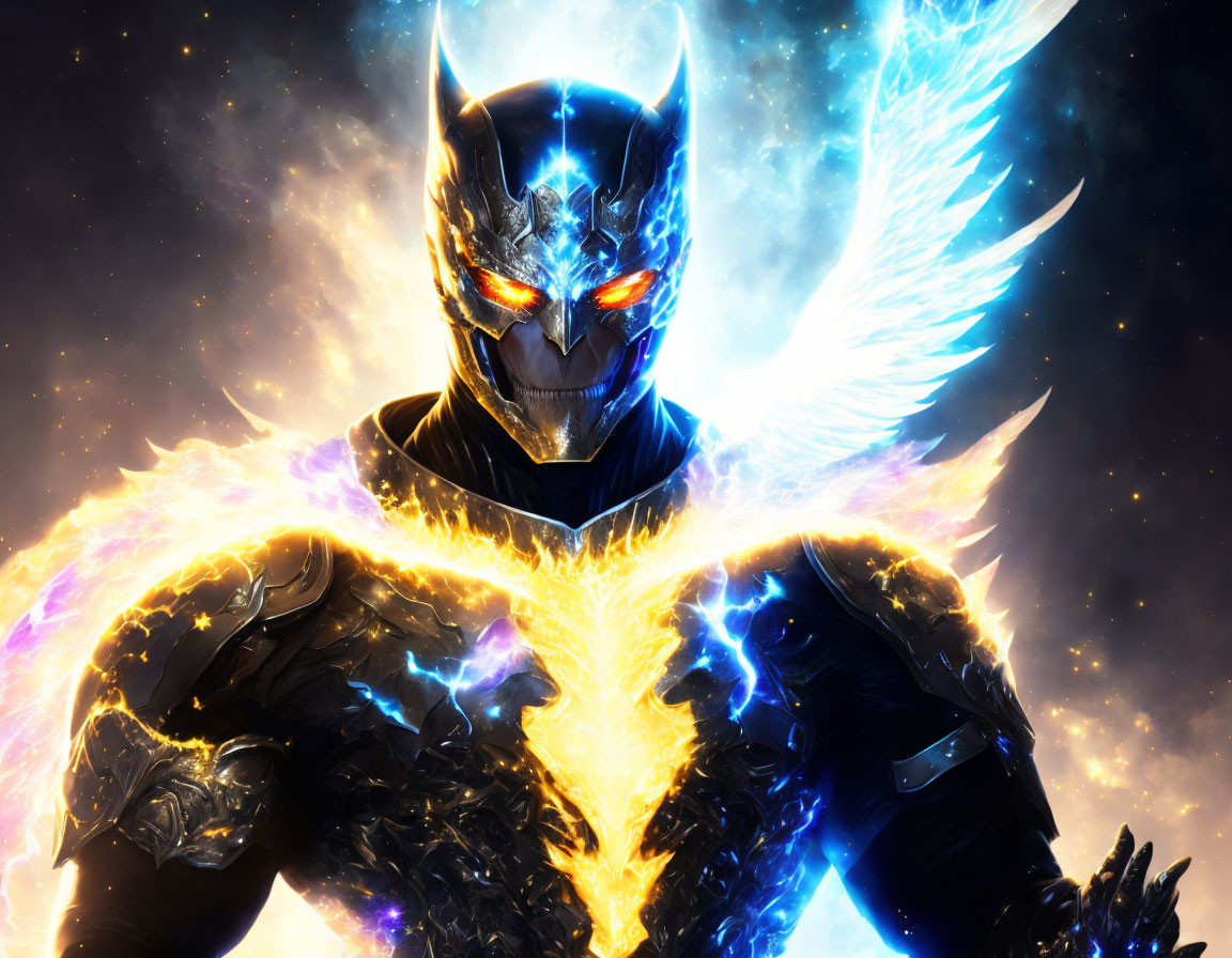 Figure in cosmic armor with glowing eyes, surrounded by energy wings.