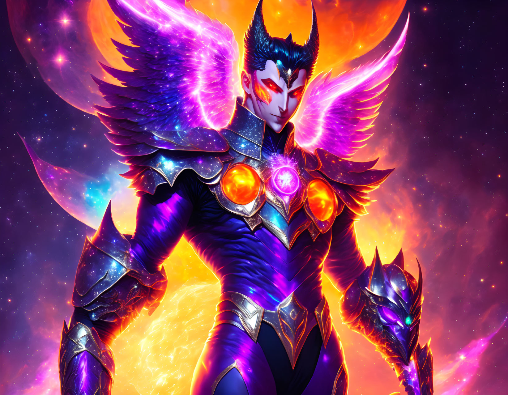 Luminous winged character in cosmic setting with vibrant colors