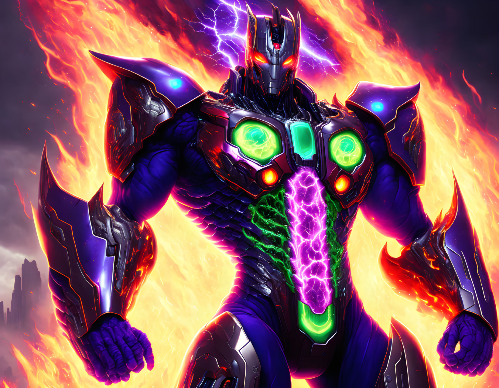 Futuristic armored character with glowing accents in fiery stormy setting