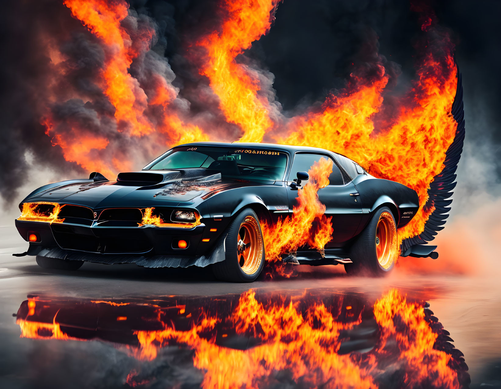 Black Muscle Car with Flaming Wheels and Fire Phoenix Wings on Smoky Background