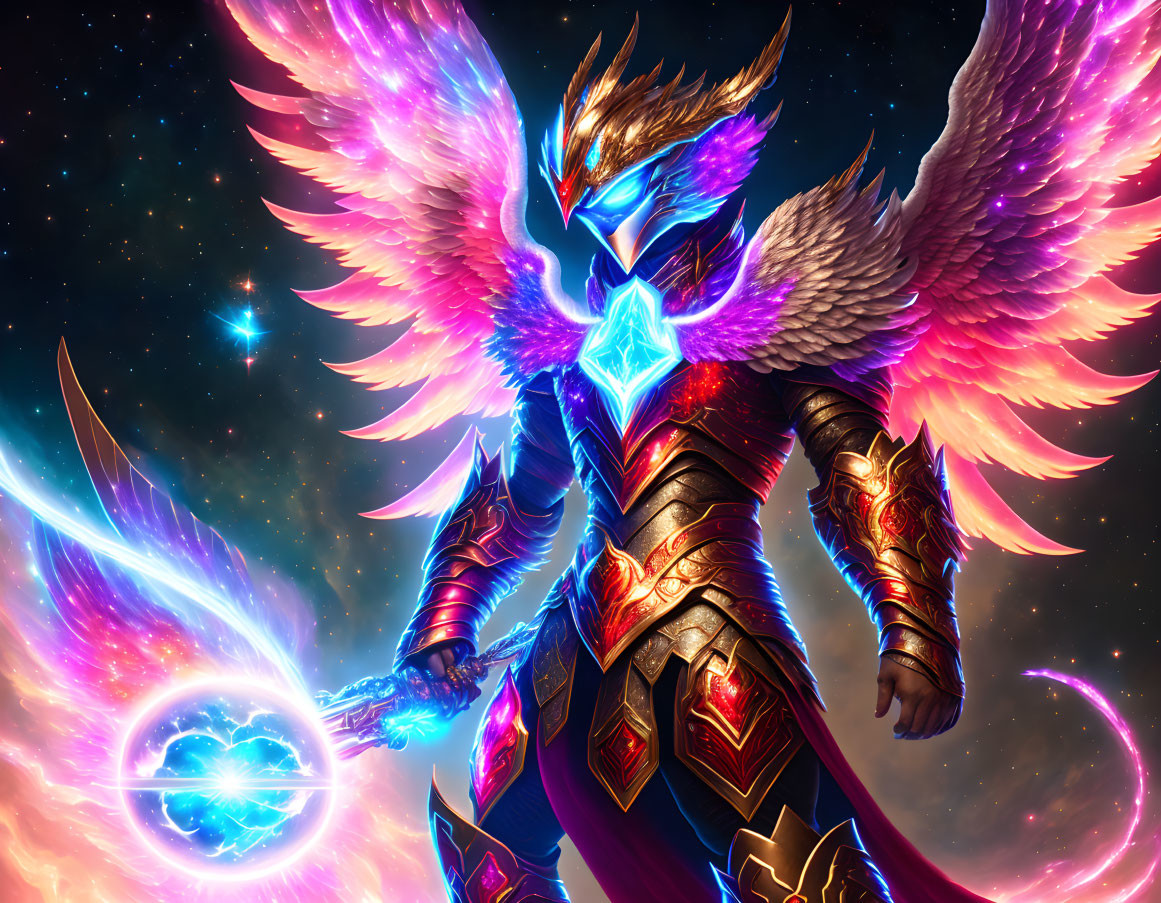 Armored figure with glowing wings emits energy orb in cosmic scene