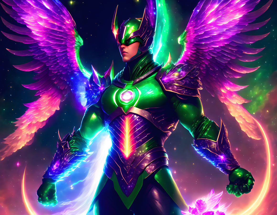 Colorful Cosmic Superhero Illustration with Glowing Wings and Green Suit