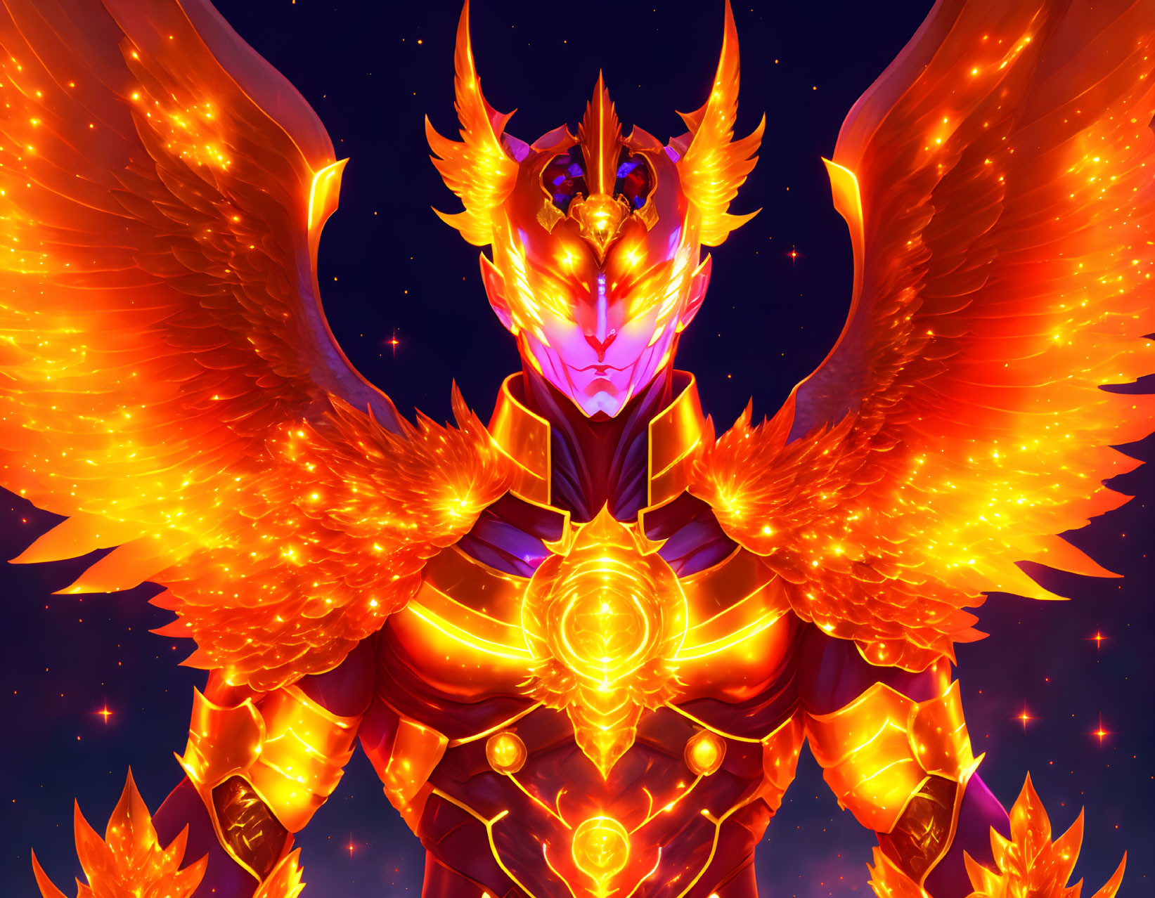 Character with golden armor and fiery wings in digital artwork