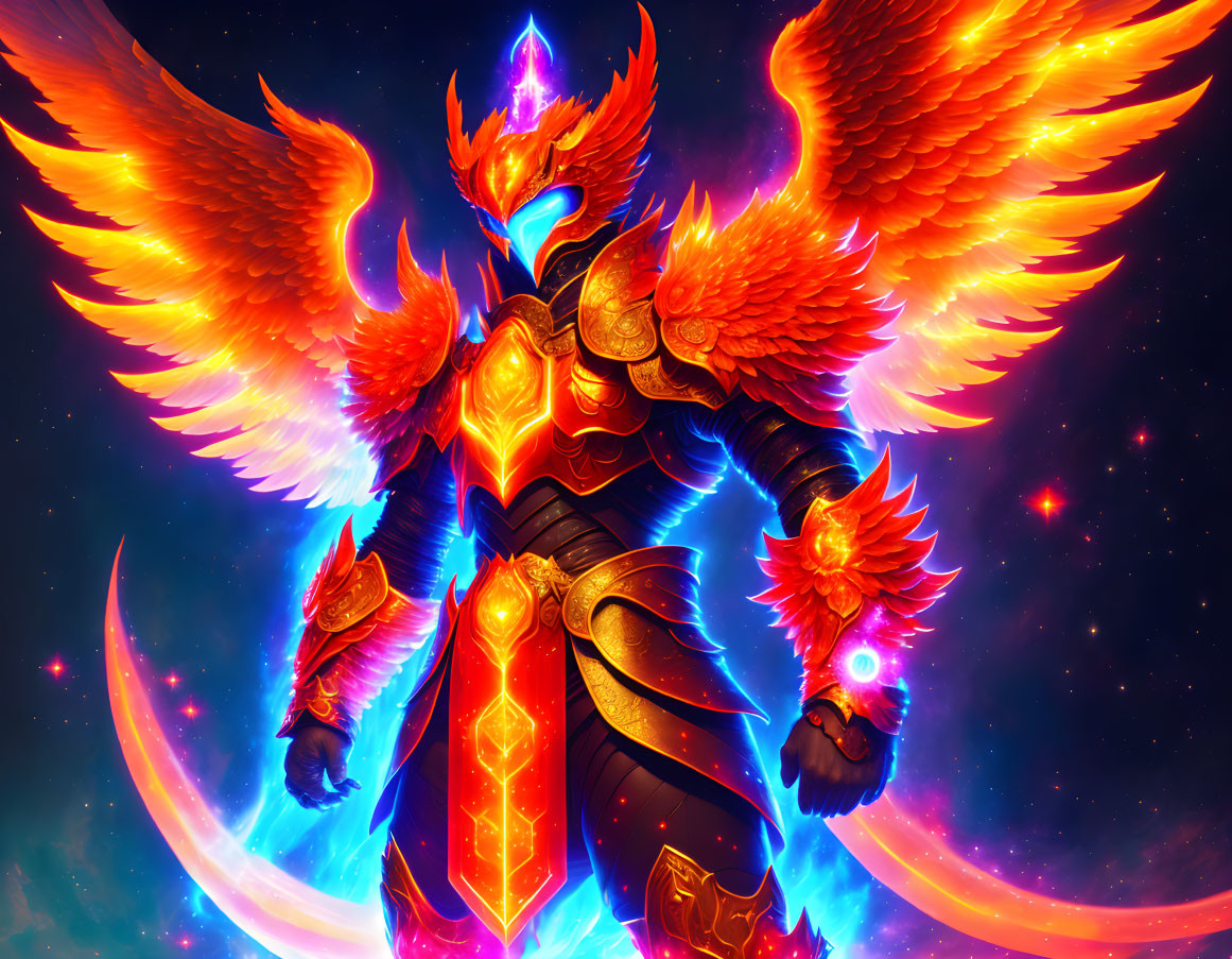 Fiery winged character in cosmic armor illustration