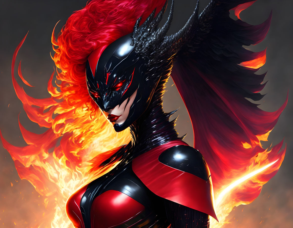 Digital artwork: Female character in red and black armor with fiery red mane, black mask, and wing