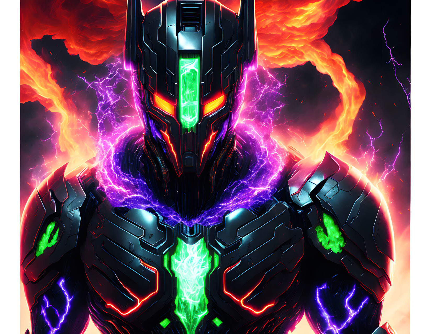 Futuristic robot with red and green accents in purple lightning scenery