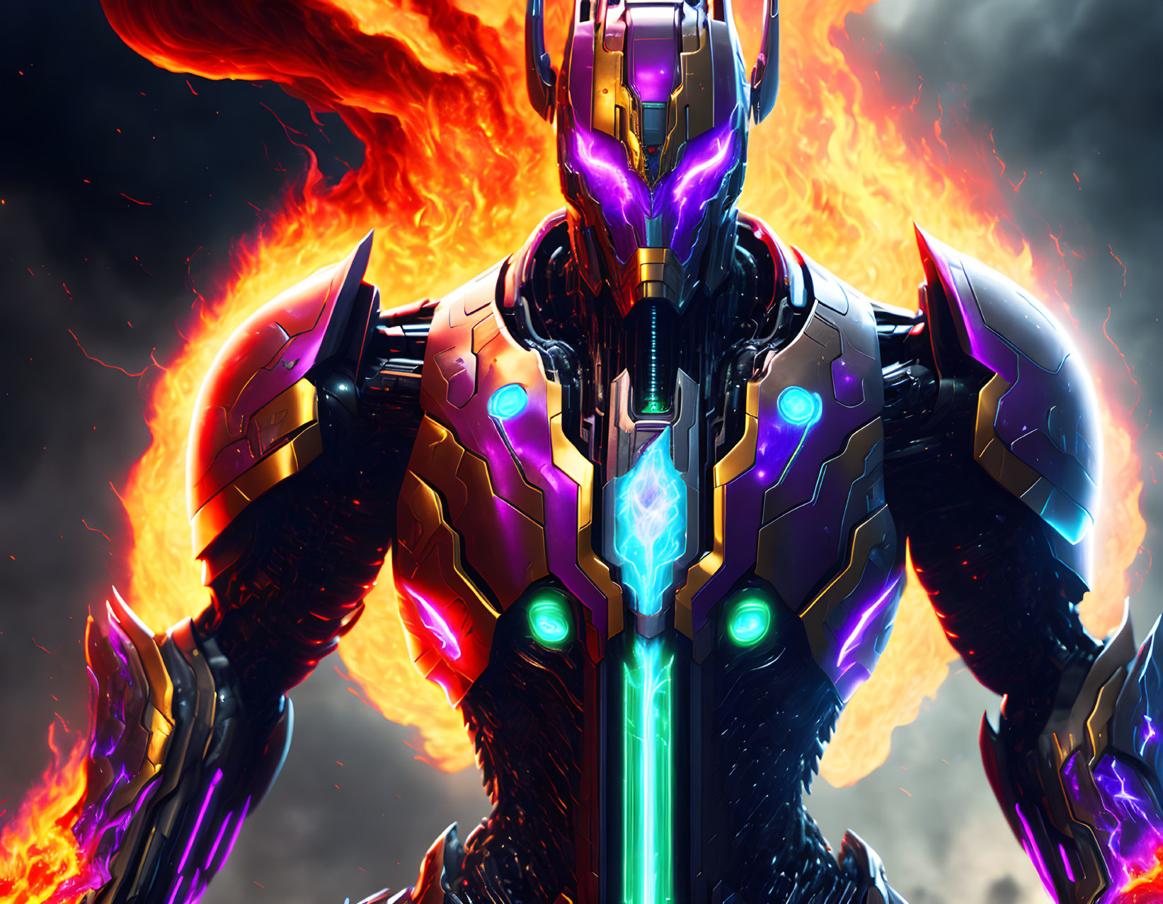 Armored robot with blue and purple lights in fiery sky