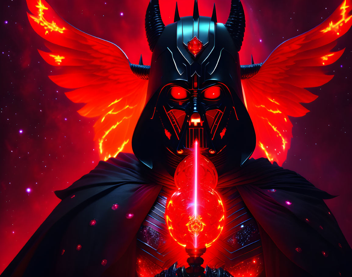 Dark Masked Figure with Fiery Wings and Red Crystal in Cosmic Setting